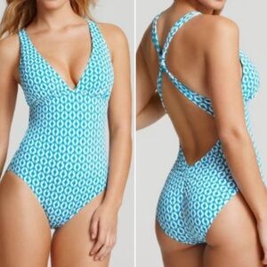 ECHO DESIGN Plunge V-neck Cross Back Straps Swimsuit ~ NWT